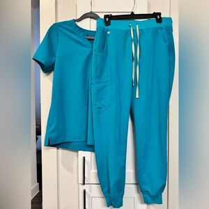 FIGS Teal Scrub Set — Catarina Top + Zamora Joggers (Small Stains)